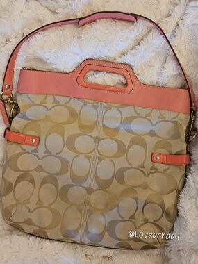 ✨️Coach Bonnie Foldover Canvas Tote w/ Coral Trim